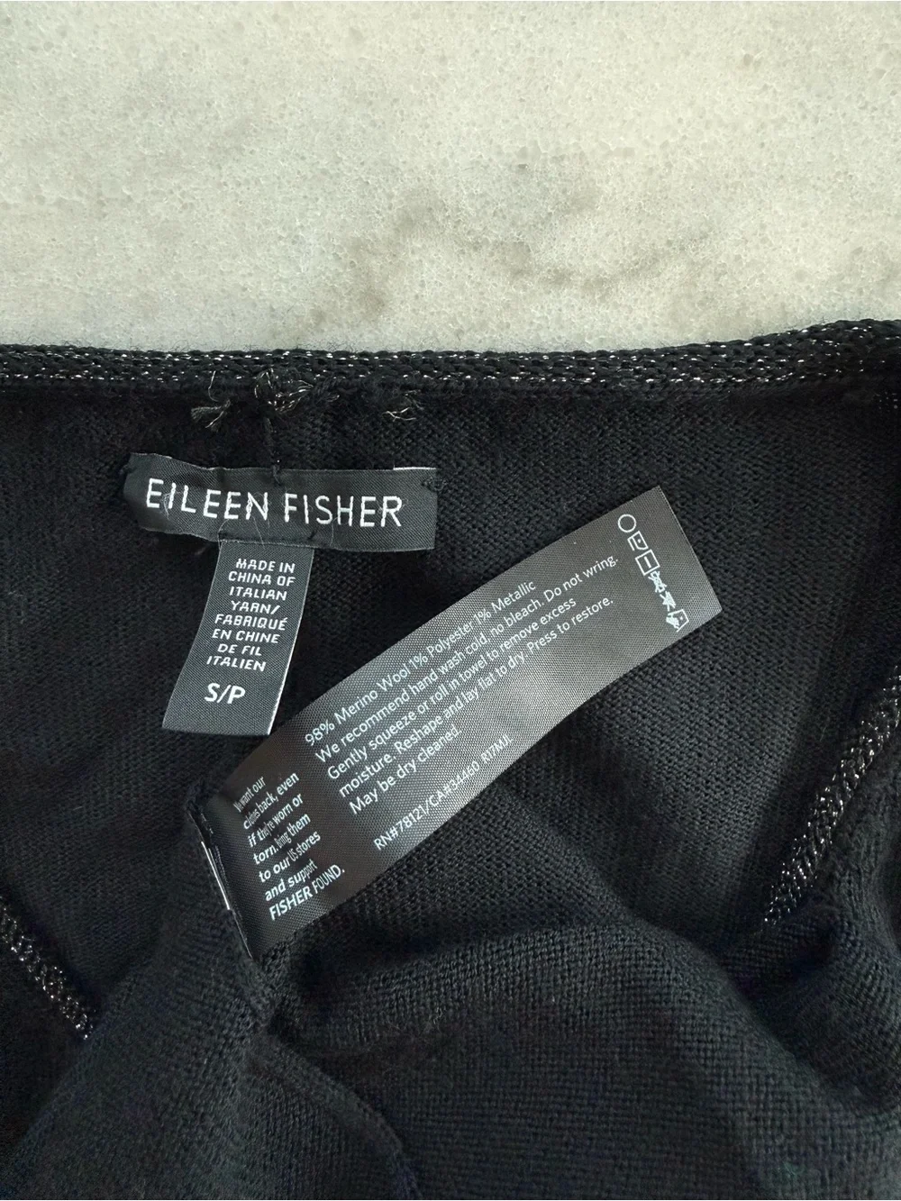 Eileen Fisher Merino Wool Metallic Trim V Neck Sweater Black Women Size S
